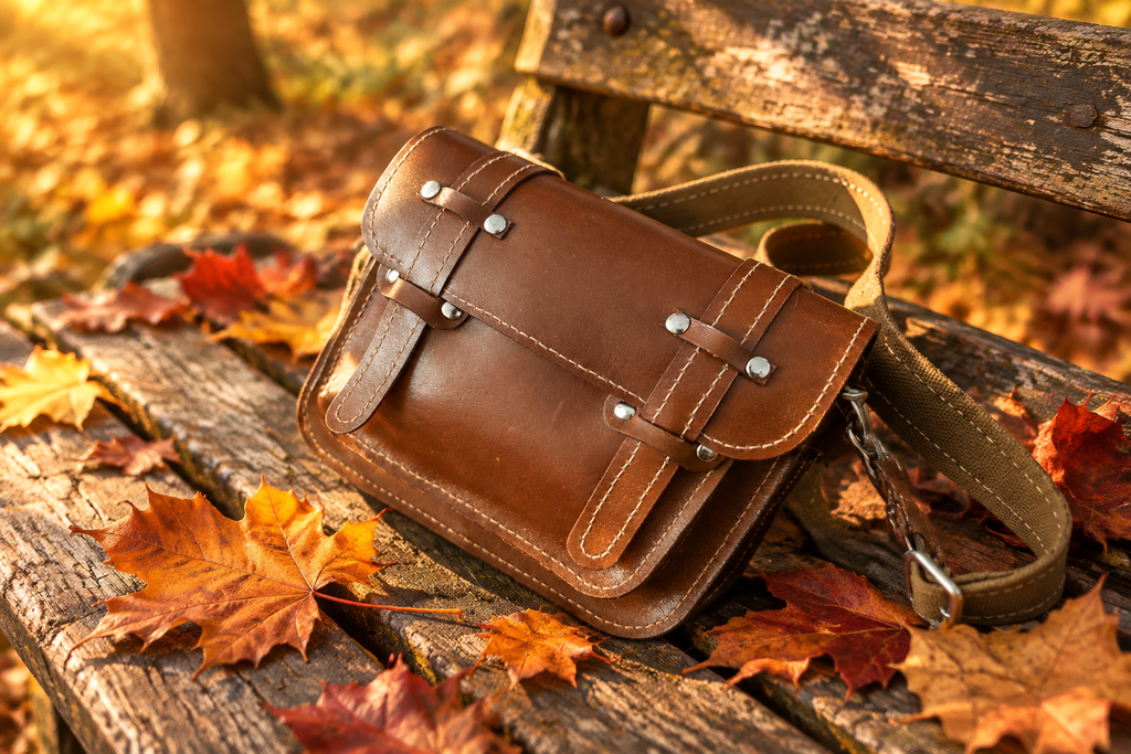 Cartable en cuir sur un banc en bois en automne