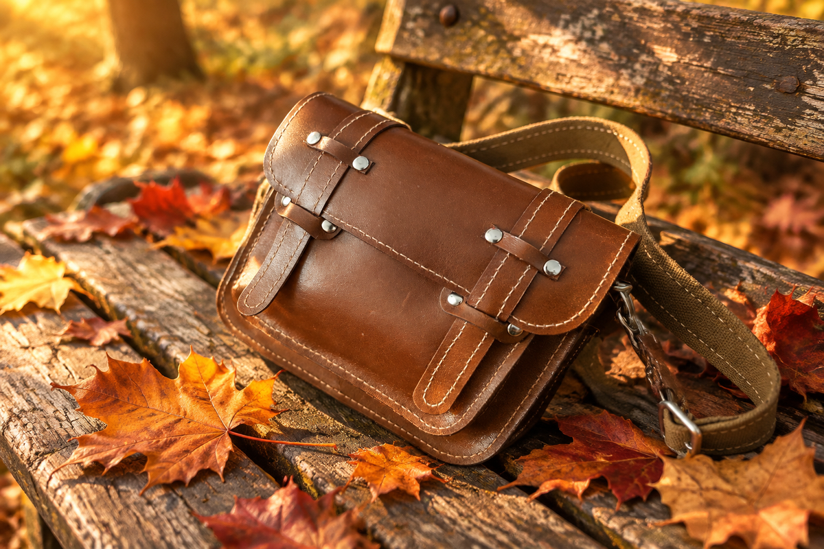Cartable en cuir sur un banc en bois en automne